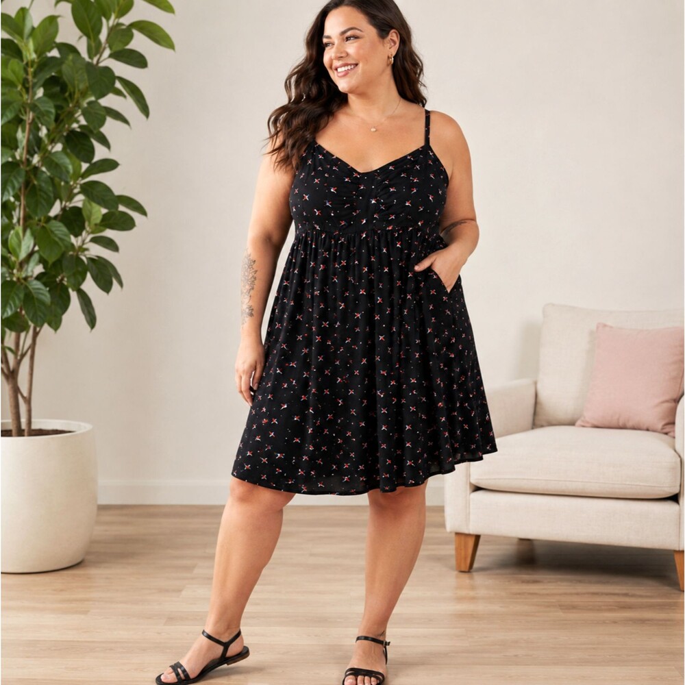 Torrid Hummingbird Challis Dress 2X Black Heart Boho Pockets Sweetheart Cottage